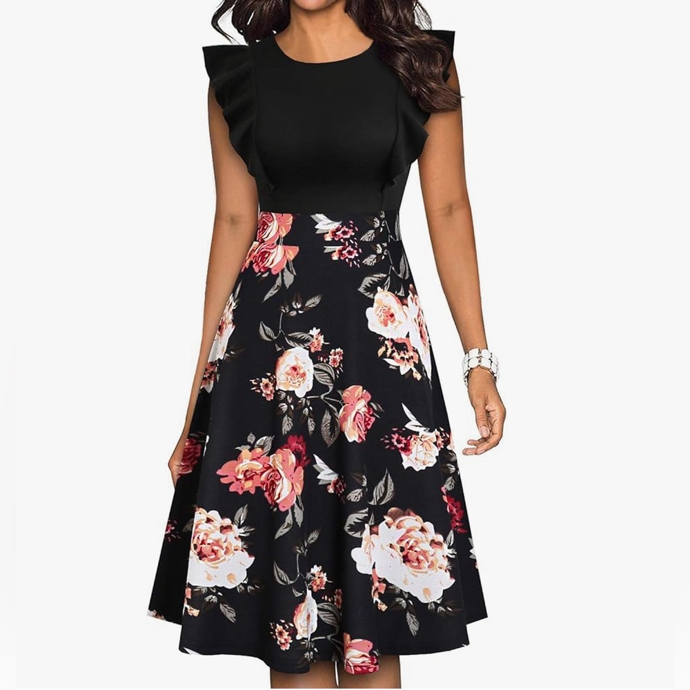Women's Ruffle Floral A Line Swing Casual Cocktail Party Dress🌺